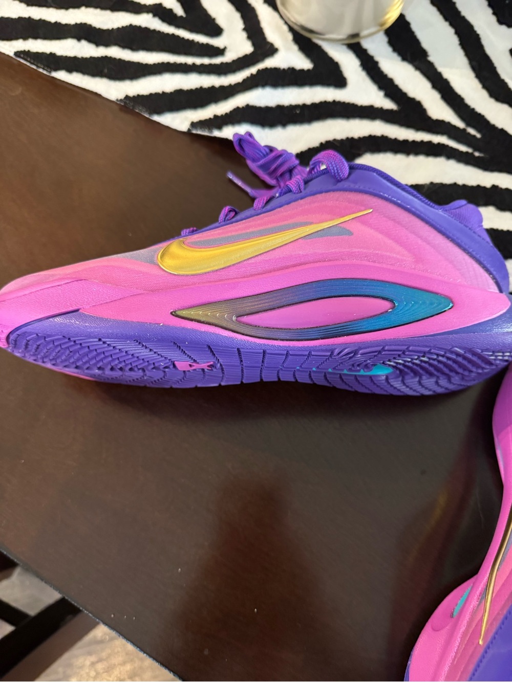 Nike Pink Purple Athletic Sneakers with Gold Swoosh and Teal Accents - Picture 4 of 6
